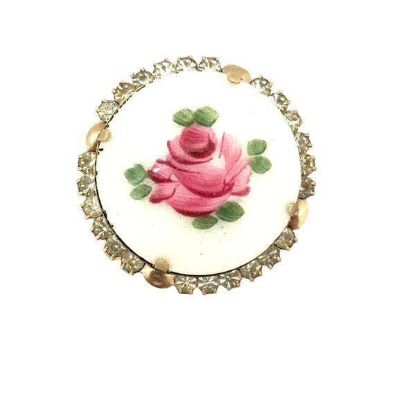 Vintage Floral Porcelain Rose Brooch With Rhinestone Accents - Picture 2 of 11